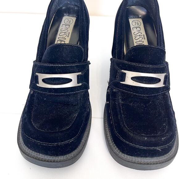 Vintage Y2K 90s Lower East Side Velvet Loafers Size 7.5 Black Chunky Heel Bratz - Picture 7 of 11